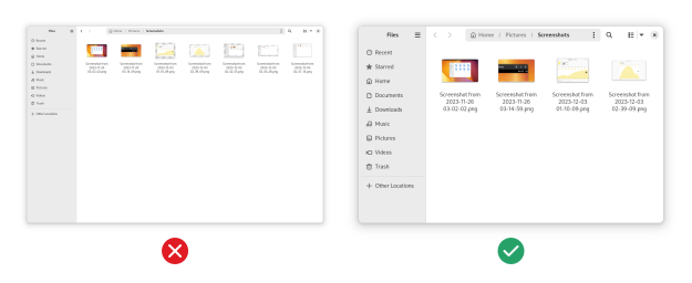 Examples for screenshots that are too large, and the correct size.